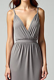 Grey Spaghetti Straps Sheath Long Formal Dress with Slit