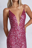 Sparkly Sheath Fuchsia Deep V-Neck Long Formal Dress