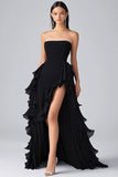 Tiered Long Black Strapless Chiffon Formal Dress with Slit