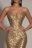 Sparkly Gold Mermaid Long Sequins Formal Dress with Slit