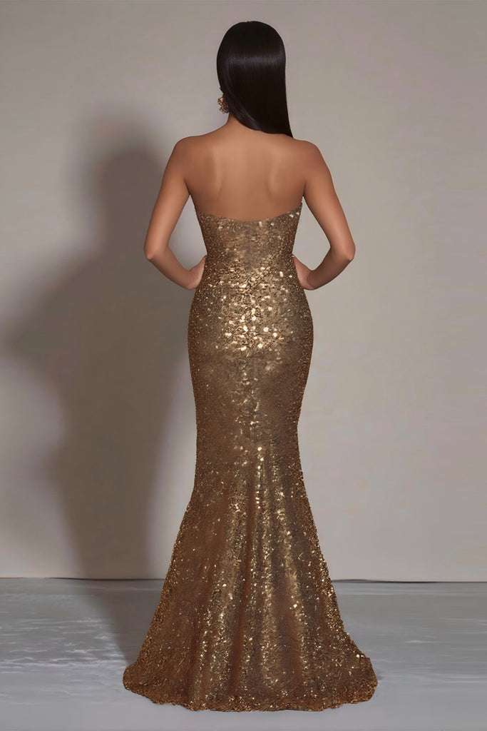 ZAPAKASA Women Sparkly Gold Mermaid Long Sequins Strapless Formal Dress