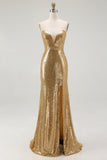 Sparkly Gold Mermaid Long Sequins Formal Dress with Slit