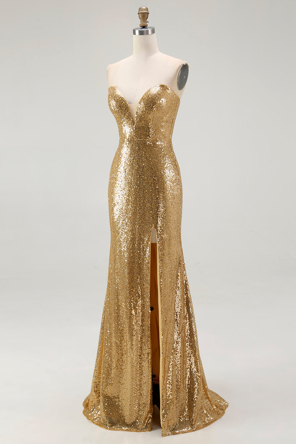 Sparkly Gold Sequin Sweetheart Mermaid Long Formal Dress with Slit