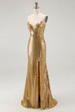 Sparkly Gold Sequin Sweetheart Mermaid Long Formal Dress with Slit