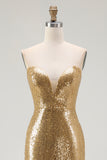 Sparkly Gold Sequin Sweetheart Mermaid Long Formal Dress with Slit