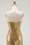 Sparkly Gold Sequin Sweetheart Mermaid Long Formal Dress with Slit