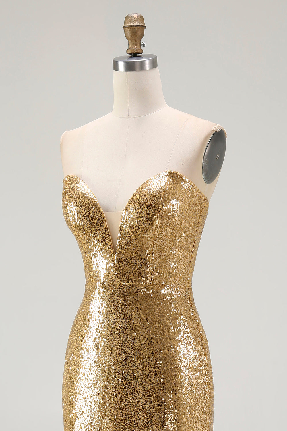 Sparkly Gold Sequin Sweetheart Mermaid Long Formal Dress with Slit