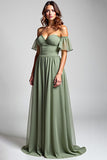 A Line Dusty Sage Off the Shoulder Long Chiffon Formal Dress
