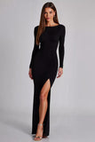 Black Long Sheath Cut Out Jersey Formal Dress with Sleeves