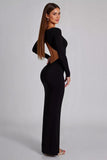 Black Long Sheath Cut Out Jersey Formal Dress with Sleeves