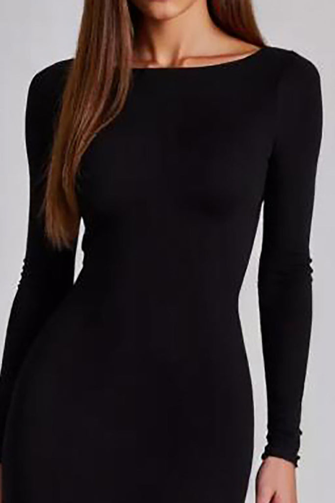ZAPAKASA Women Sheath Black Long Sleeves Formal Dress with Slit Cut Out