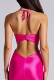 Halter Fuchsia Mermaid Satin Cut Out Long Formal Dress