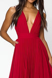 A Line Red Deep V-Neck Ruffled Long Formal Dress