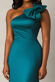 One Shoulder Peacock Sheath Long Formal Dress with Bowknot