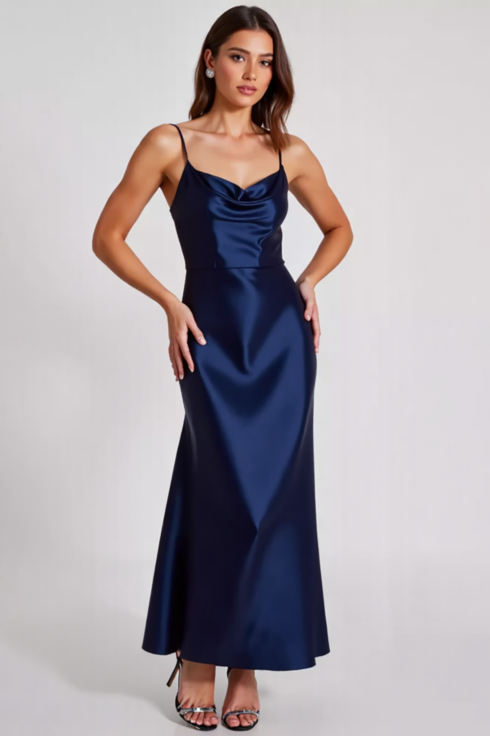 Sheath Navy Satin Spaghetti Straps Long Formal Dress