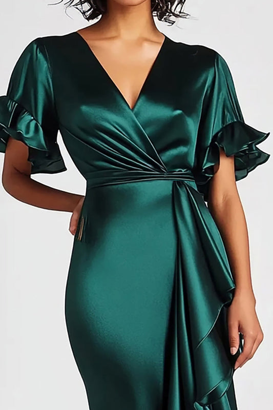 Mermaid Dark Green Long V-Neck Formal Dress with Short Sleeves