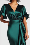 Mermaid Dark Green Long V-Neck Formal Dress with Short Sleeves