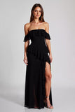 Black Backless Chiffon Square Neck Formal Dress with Slit