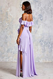 Lilac Ruffled Cold Shoulder Long Chiffon Formal Dress with Slit