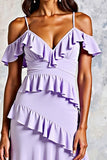 Lilac Ruffled Cold Shoulder Long Chiffon Formal Dress with Slit