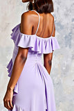 Lilac Ruffled Cold Shoulder Long Chiffon Formal Dress with Slit