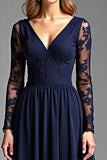 A Line Navy Chiffon Long Formal Dress with Sleeves