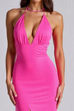 Fuchsia Deep V-Neck Satin Long Formal Dress with Slit
