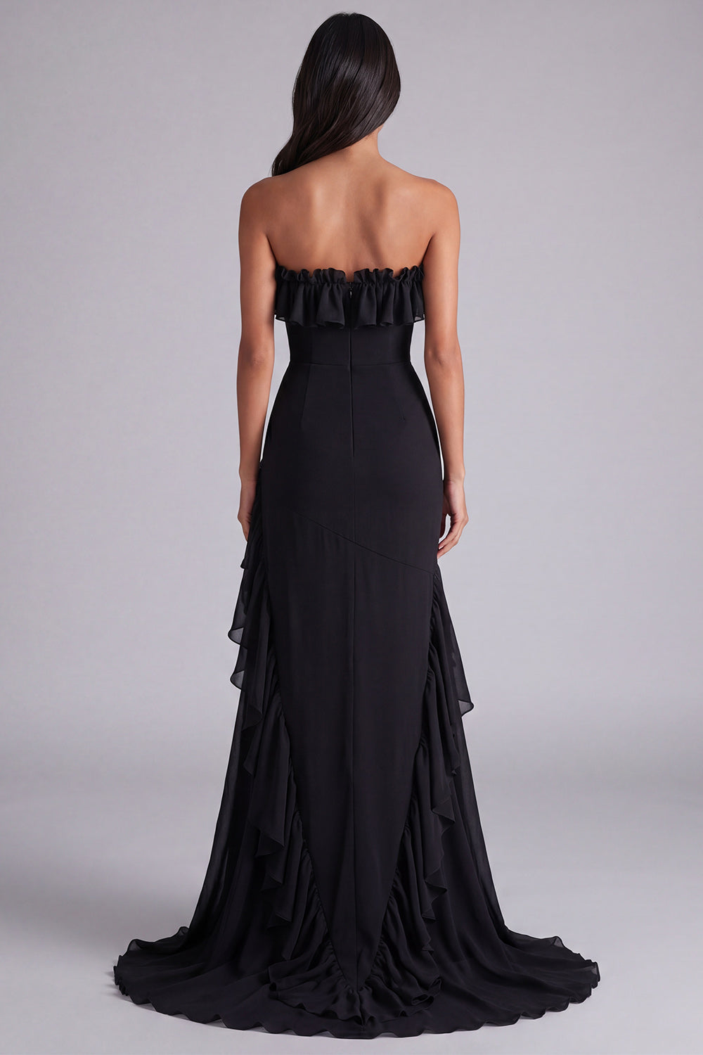 Strapless Black Tiered Long Square Neck Formal Dress with Slit
