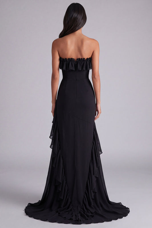 Strapless Black Tiered Long Square Neck Formal Dress with Slit