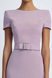 Lilac Simple Sheath Knee Length Boat Neck Formal Dress