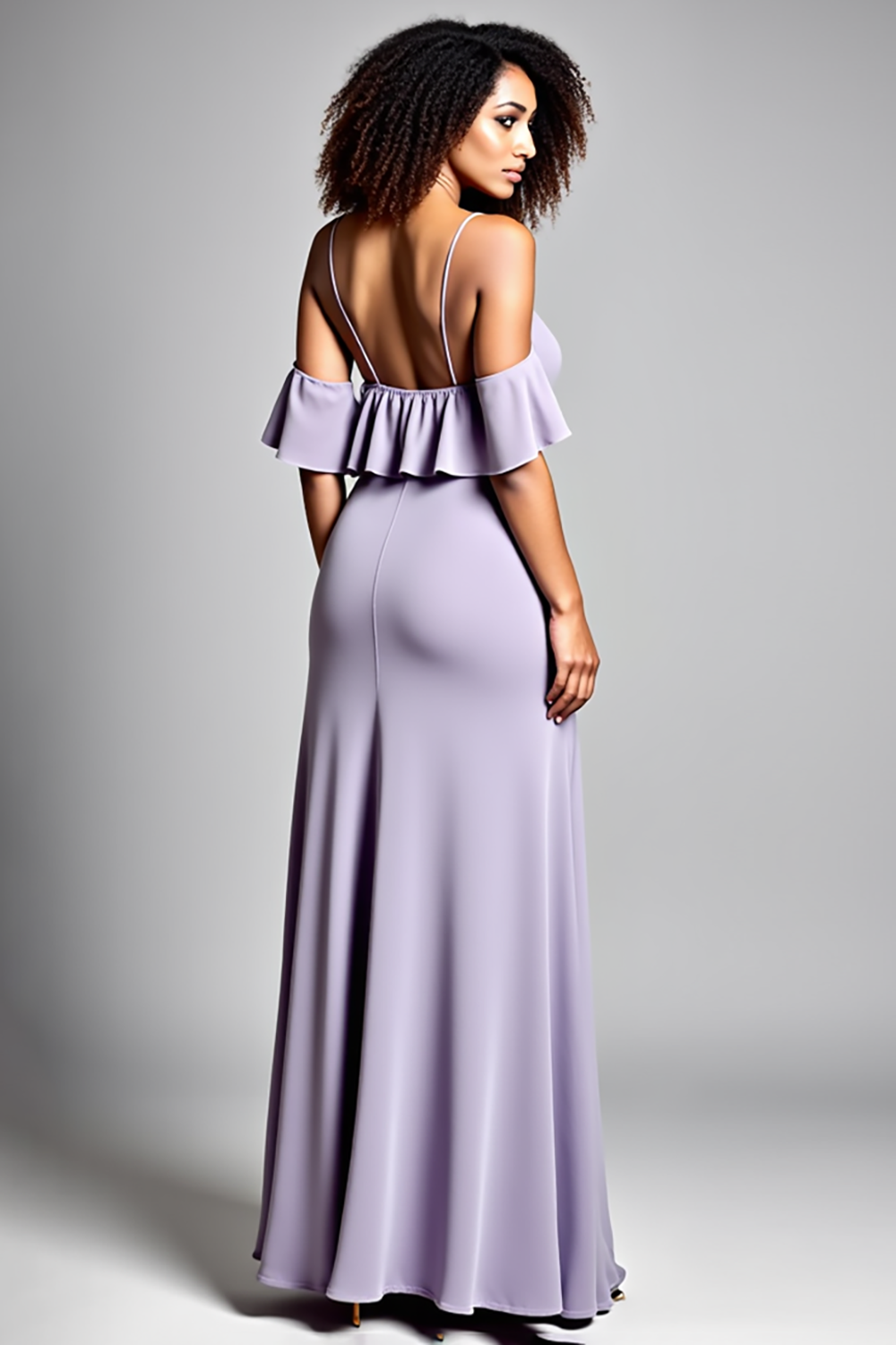 Cold Shoulder Lilac Ruffled Long Formal Dress with Slit
