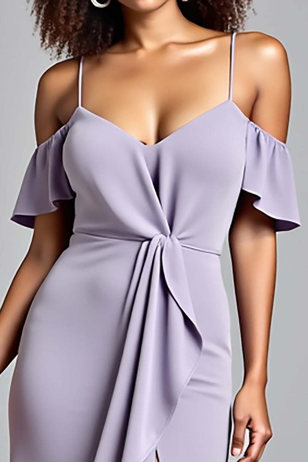 Cold Shoulder Lilac Ruffled Long Formal Dress with Slit
