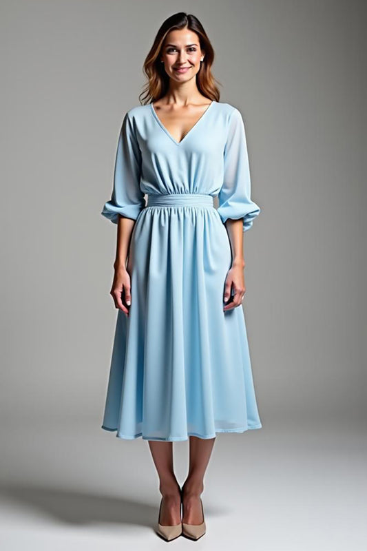 Sky Blue V-Neck Half Sleeves Knee-Length Formal Dress