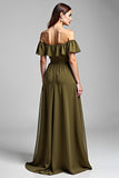 A Line Olive Chiffon Long Formal Dress with Ruffles