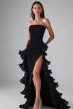 Black Square Neck Satin Long Formal Dress with Slit