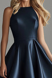 A Line Navy Satin Scoop High-Low Formal Dress