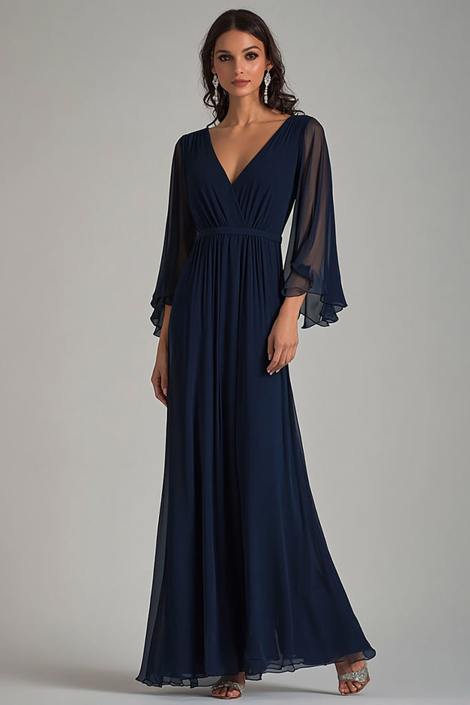 A-Line Pleated Chiffon Dress with V-Neck Dark Navy