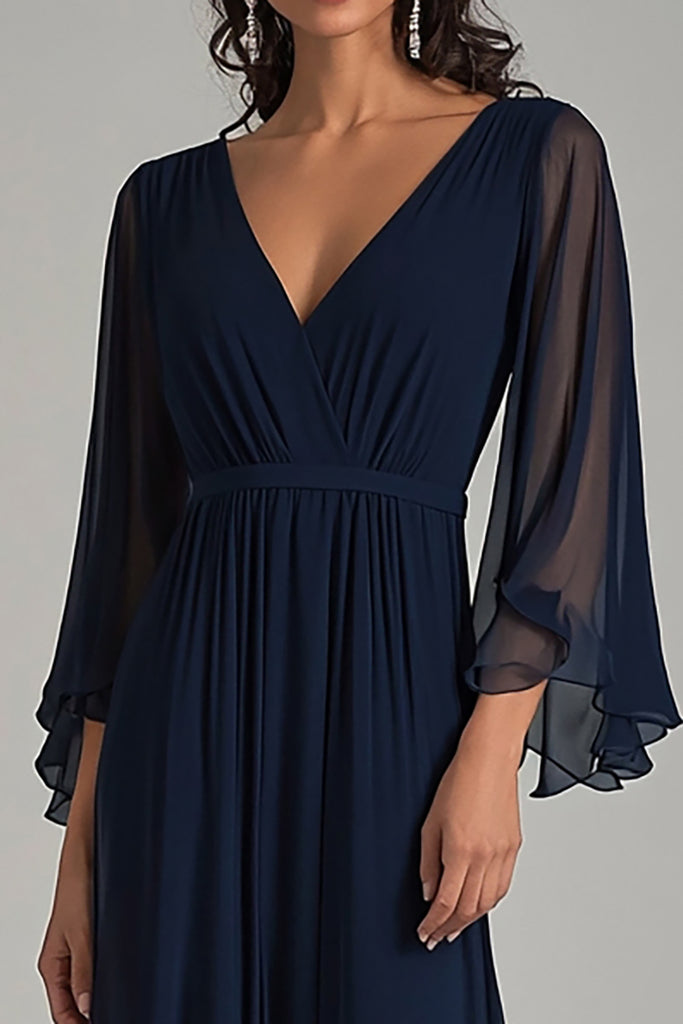 V-Neck Floor-Length Chiffon Lace Dress Dark Navy main image 1