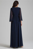 Navy V-Neck Chiffon Long Formal Dress with Half Sleeves