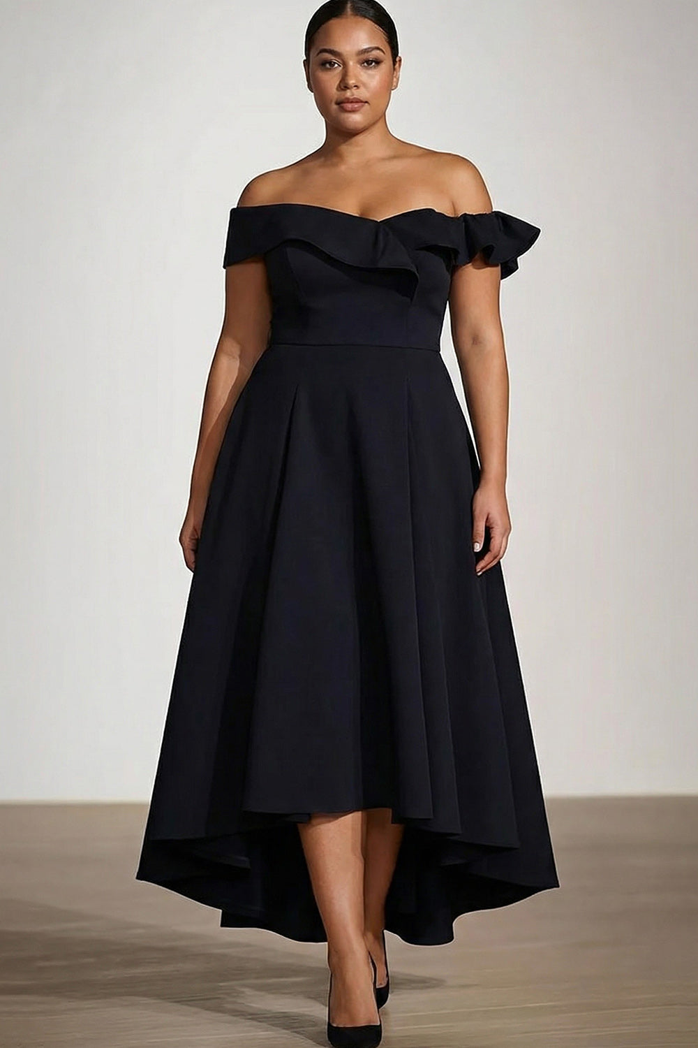 Plus Size Black Off the Shoulder A Line Knee-Length Formal Dress