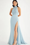 Halter Neck Sky Blue Chiffon Long Formal Dress with Slit