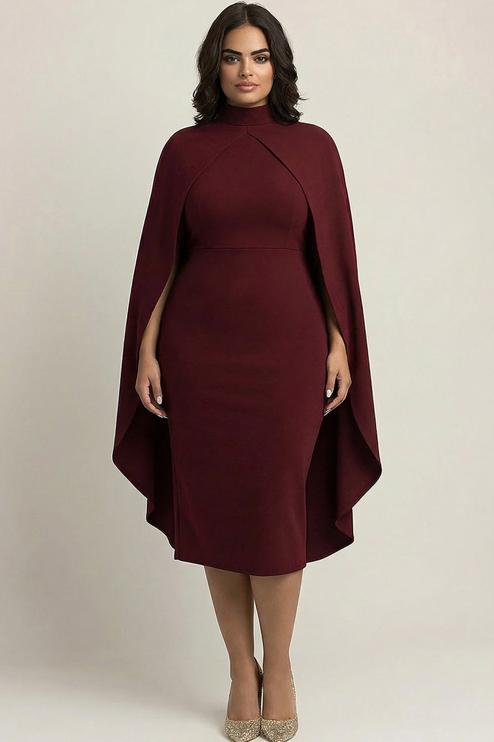 Burgundy Plus Size Satin Sheath High Neck Knee-Length Formal Dress with Shawl