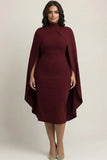 Burgundy Plus Size Satin Sheath High Neck Knee-Length Formal Dress with Shawl