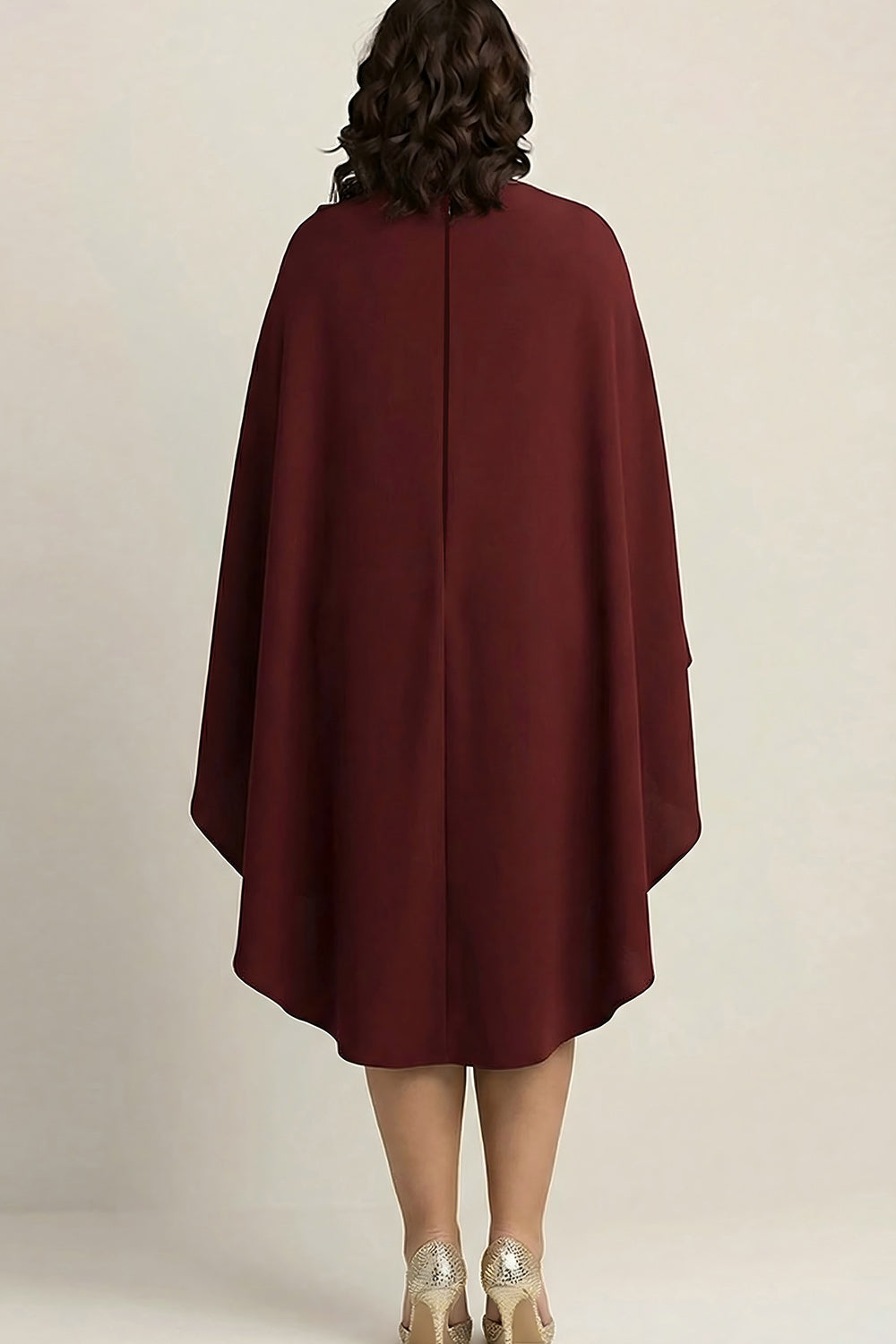 Burgundy Plus Size Satin Sheath High Neck Knee-Length Formal Dress with Shawl