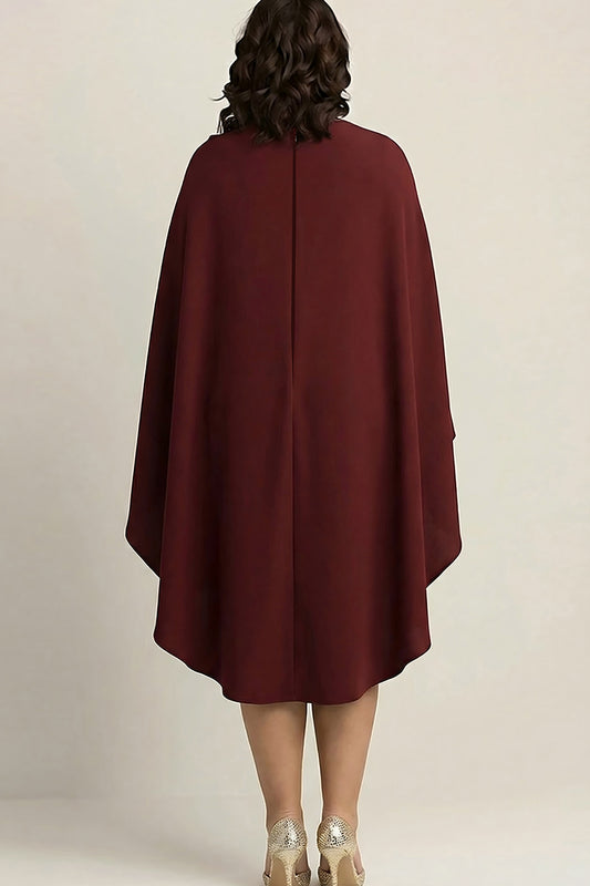 Burgundy Plus Size Satin Sheath High Neck Knee-Length Formal Dress with Shawl