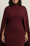 Burgundy Plus Size Satin Sheath High Neck Knee-Length Formal Dress with Shawl