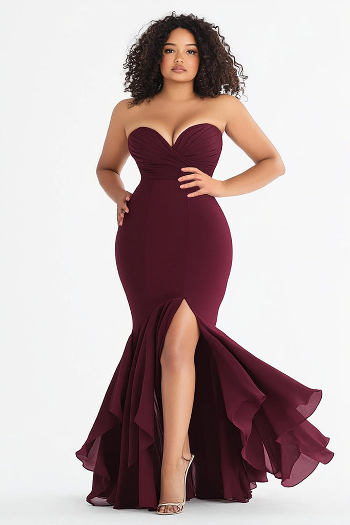 ZAPAKASA Women Plus Size Satin Burgundy A Line Embroideried Formal