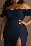 Off the Shoulder Plus Size Navy Satin Formal Dress with Ruffles