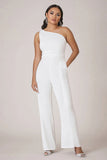 One Shoulder White Plus Size Long Formal Jumpsuit with Pockets