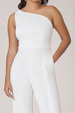 One Shoulder White Plus Size Long Formal Jumpsuit with Pockets